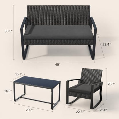 4 Piece Patio Furniture Set, Outdoor Wicker Patio Furniture with Glass Coffee Table, Modern Rattan Rocking Chairs Conversation Set, for Porch, Garden, Lawn (Black)
