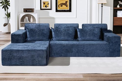 105" L-Shape Modular Sectional Sofa Couch for Living Room,No Assembly Required,Modular Comfy Sofa with Deep Seat for Living Room Bedroom,Luxury Distressed Velvet(Left,Blue)