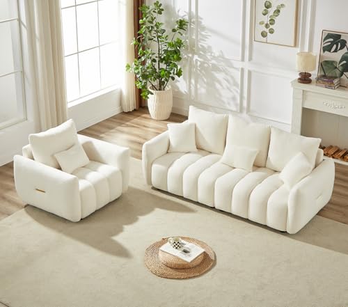 Set of 3 Teddy Sofa for Living Room, Modern 2 Units Deep Seat Sofa Chairs and an Oversized 3-Seater Cloud Boucle Couch for Bedroom, Office, Apartment, Furniture Set, Beige (3 Pieces)