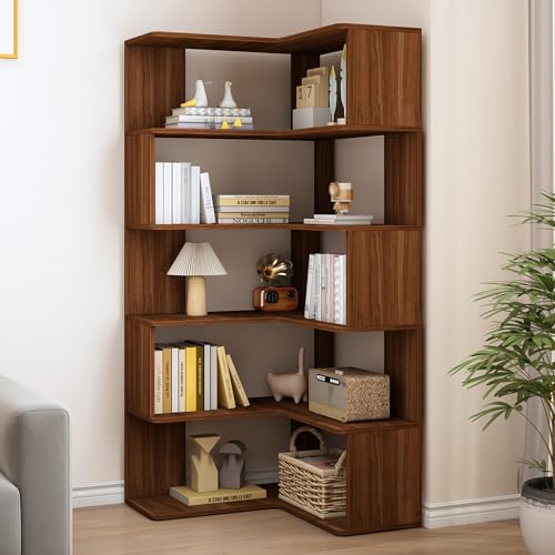 IOTXY 6-Tier L-Shaped Corner Bookshelf, 66-Inch Tall Bookcase, Walnut, view 2