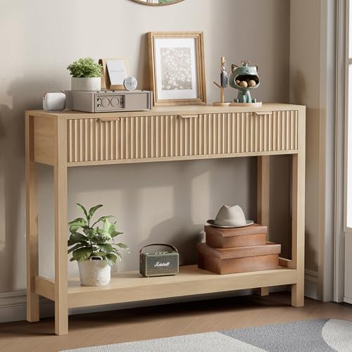 Fluted Console Table, Wooden Sofa Table with Storage and Drawers, Farmhouse Behind Couch Table Entryway Table for Entrance, Hallway, Living Room, Oak