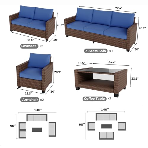 5 Pieces Patio Furniture Set, 7-Seater Rattan Wicker Patio Conversation Sets with Coffee Table, Outdoor Sectional Patio Sofa Set, Brown Rattan and Blue Cushions
