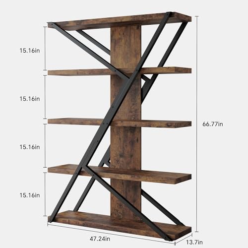 5-Tier Industrial Bookshelf, Tall Wood and Metal Bookcase,Brown, view 3
