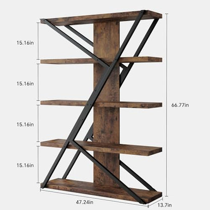5-Tier Industrial Bookshelf, Tall Wood and Metal Bookcase,Brown, view 3