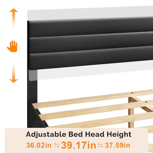 Upholstered Bed Frame Queen, Faux Leather Platform Bed with Adjustable Headboard, view 5