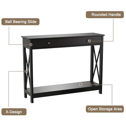 Black Console Table with Drawer and Storage Shelves, Foyer Sofa Table Narrow for Entryway, Living Room, Hallway