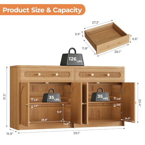 59" W Arched and Fluted Sideboard Buffet Cabinet with Storage, Oak, view 3