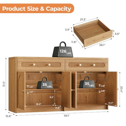 59" W Arched and Fluted Sideboard Buffet Cabinet with Storage, Oak, view 3