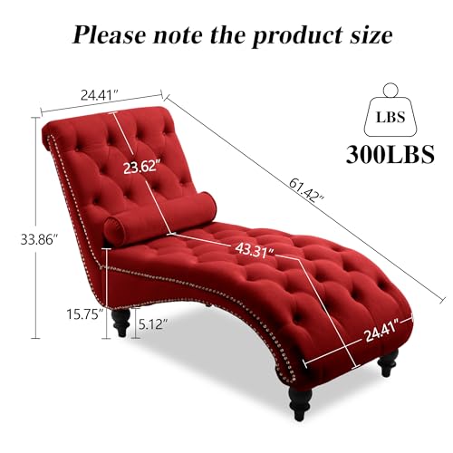 61" Velvet Tufted Chaise Lounge, Upholstered Sofa Chair with Wood Legs Red, view 3
