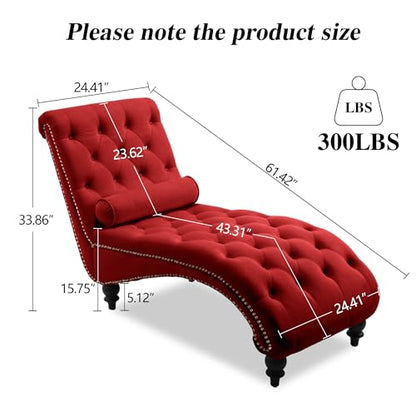 61" Velvet Tufted Chaise Lounge, Upholstered Sofa Chair with Wood Legs Red, view 3