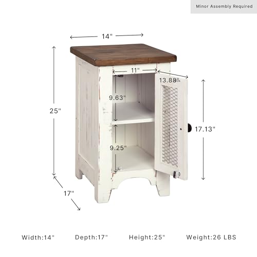 Signature Design by Ashley Wystfield Farmhouse Chair Side End Table with Cabinet Door for Storage, White & Brown with Distressed Finish