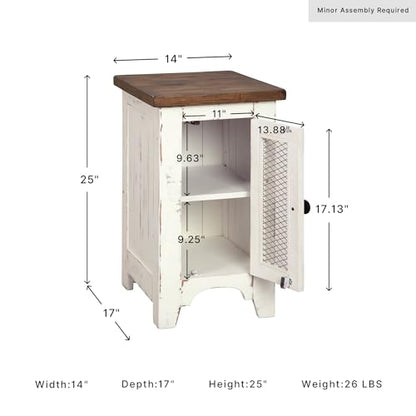 Signature Design by Ashley Wystfield Farmhouse Chair Side End Table with Cabinet Door for Storage, White & Brown with Distressed Finish