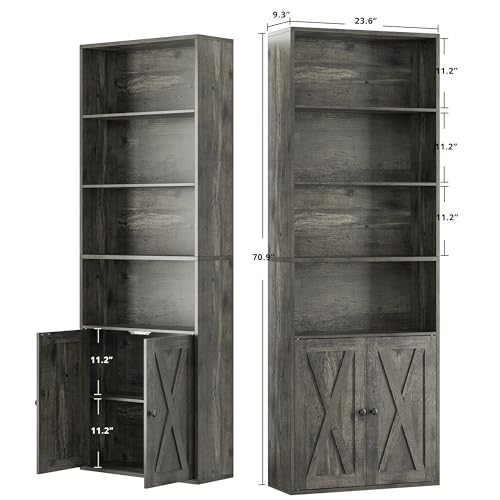 Tall Bookshelf 70 in, Bookcases with Doors, Set of 2, Charcoal Grey, view 4