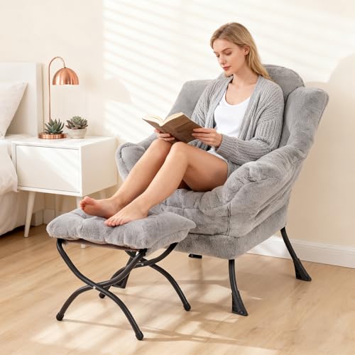 Lazy Chair with Ottoman, Modern Accent Chair with Armrests and a Side Pocket, Leisure Sofa Armchair, Reading Armchair with Footrest for Small Space, Plush Grey