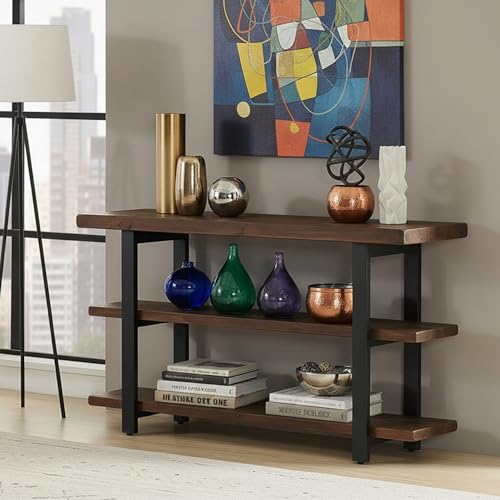 Pomona 3-Tier Solid Wood Media Console Table with 2 Open Shelves and Metal Legs - Rustic Industrial Farmhouse TV Stand and Storage Console (Rustic Brown)