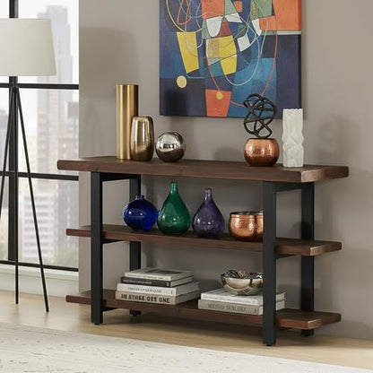 Pomona 3-Tier Solid Wood Media Console Table with 2 Open Shelves and Metal Legs - Rustic Industrial Farmhouse TV Stand and Storage Console (Rustic Brown)