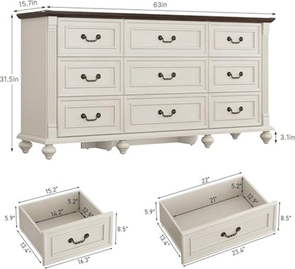 Farmhouse 9 Drawer Dresser for Bedroom with 6 Gourd Feet and Roman Column Decor, view 3
