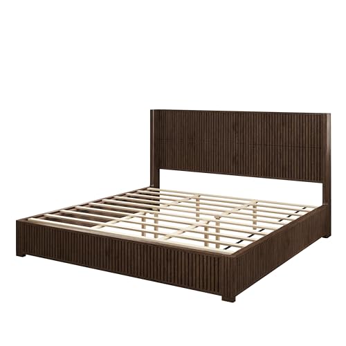 King Size Solid Wood Platform Bed Frame with wingback Headboard, view 6