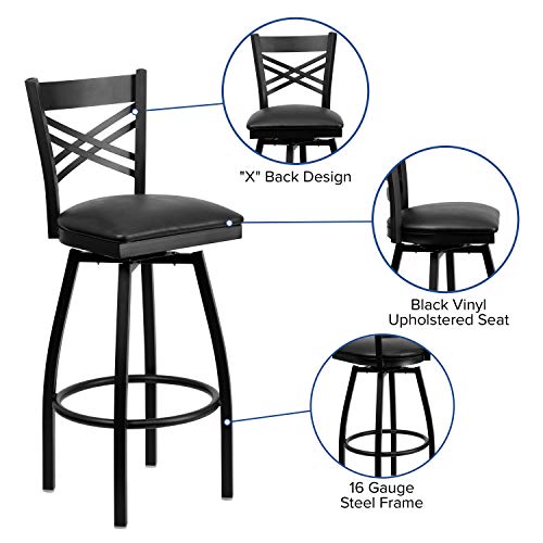 Hercules Series "X" Back Metal Restaurant Barstool, Modern Upholstered Armless Bar Height Chair for Restaurants and Kitchens, Black