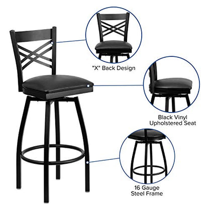 Hercules Series "X" Back Metal Restaurant Barstool, Modern Upholstered Armless Bar Height Chair for Restaurants and Kitchens, Black
