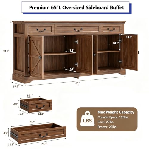 Premium Farmhouse 3 Drawers 4 Doors Sideboard Buffet Cabinet with Storage, view 3