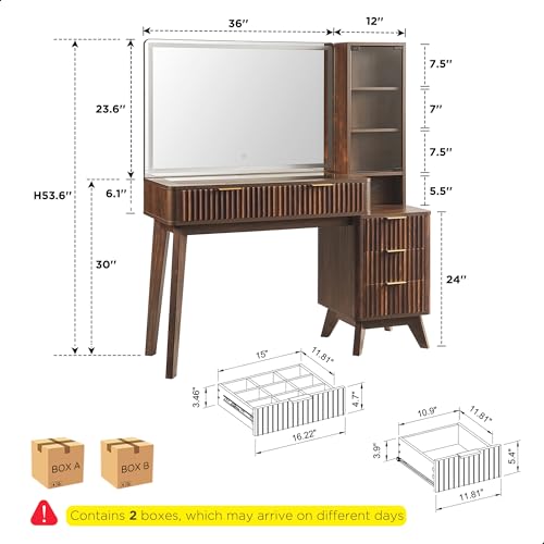 48" Fluted Makeup Vanity Desk with 36" Lighted Mirror, Dark Walnut, view 3