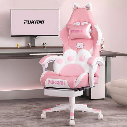 Pink Gaming Chair Cute with Cat Ears and Cat Paw Lumbar Cushion, Ergonomic Computer Chair for Girl with Footrest and Headrest, Comfortable Reclining PC Game Chair for Adult, Teen (Pink)