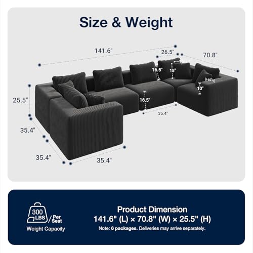141” 6-Seat Modular Sectional Sofa Couch, Individually Wrapped Coil Support & Corduroy Fabric, Zero Assembly 6-Piece Set for Large Living Room, Black