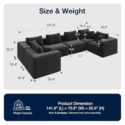 141” 6-Seat Modular Sectional Sofa Couch, Individually Wrapped Coil Support & Corduroy Fabric, Zero Assembly 6-Piece Set for Large Living Room, Black