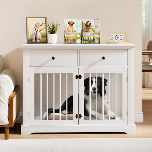 44inch Large Dog Crate Furniture with Storage Drawers for Indoor, White, view 6