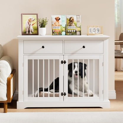 44inch Large Dog Crate Furniture with Storage Drawers for Indoor, White, view 6