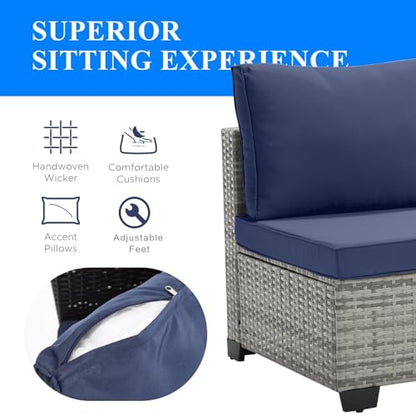 7-Piece Outdoor Patio Furniture Set, Grey PE Rattan Weaving Sofa with Navy Blue Cushions and Steel Frame, Coffe Table Included, Outdoor Conversation Set for Balcony, Porch, Backyard