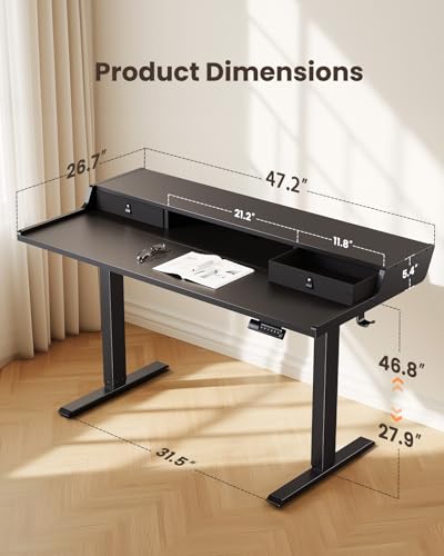 Electric Standing Desk with Drawers, 48″ x 24″ Gaming Table Compatible Monitor Stand, Stand up Desks, Home Office Height-Adjustable Desk with Storage Shelf, 4 Preset Heights, Black