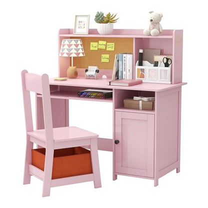 Pink Kids Desk and Chair Set, Kids Desk Chair with Storage and Shelf, Wooden Kids Table and Chairs for Bedroom and Study, Craft Table with Storage Gifts for Girls to Study