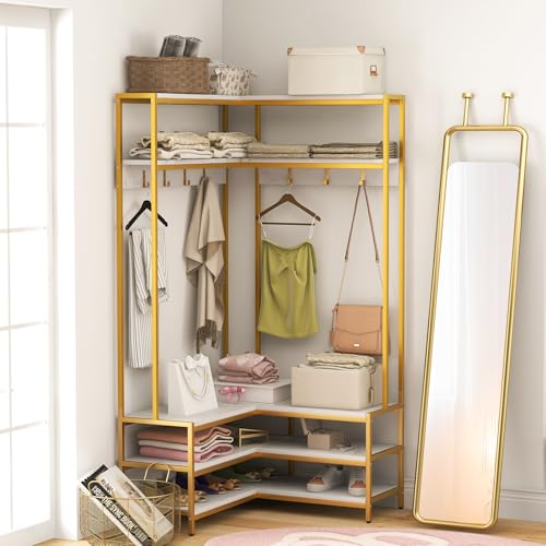 Corner Coat Rack with Shoe Bench, L-Shaped Garment Rack with 5 Shelves & 7 Hooks, Heavy Duty Freestanding Clothes Racks Entryway Bench with Shoes Organizer for Hallway (White & Gold)