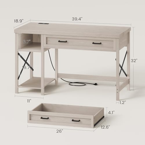 Farmhouse Small Desk with Drawers, 40" Computer Desk with Storage Shelves, Writing Desk for Small Space and Power Outlet, Desk for Bedroom, Home Office, Mahogany Grey