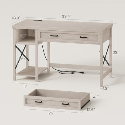 Farmhouse Small Desk with Drawers, 40" Computer Desk with Storage Shelves, Writing Desk for Small Space and Power Outlet, Desk for Bedroom, Home Office, Mahogany Grey