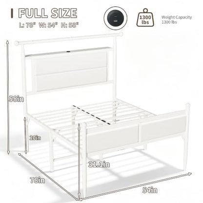 Full Size Metal Bed Frame with Upholstered Headboard and Led Lights, White, view 3