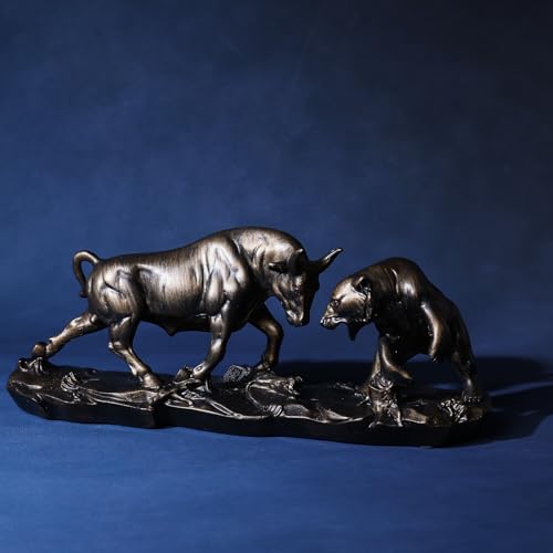 Wall Street Bull Statue, Bull Market and Bear Market Statue, Stock Market Sculpture, for Office, Desktop, Bookshelf, Living Room, Study, Home Decor, Financial Advisor Gift (Brown)