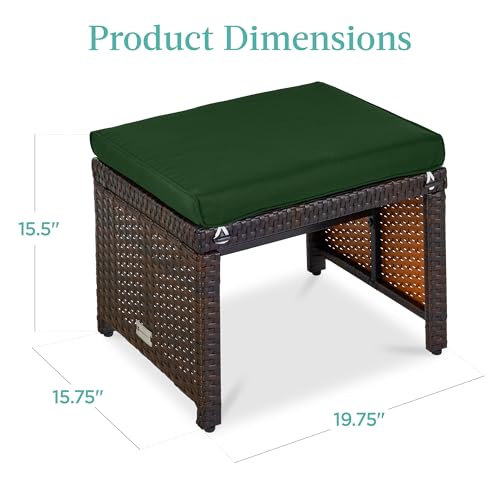 Best Choice Products Set of 2 Wicker Ottomans, Multipurpose Outdoor Furniture for Patio, Backyard, Additional Seating, Footrest, Side Table w/Removable Cushions, Steel Frame - Midnight Green/Brown