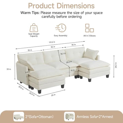 Modular Sectional Sofa, 111.5" U-Shaped Chenille Comfy Sectional Couches for Living Room, 3-Seater Cloud Couches with 2 Movable Ottomans, Flexible Combination Modern Deep Seat Sofa (Beige)