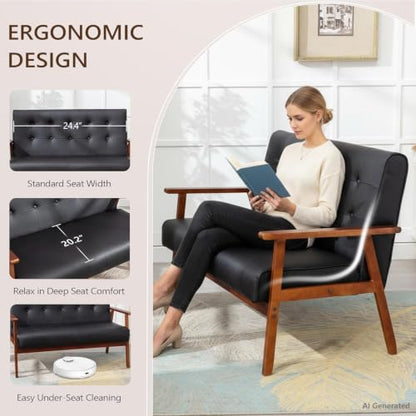 Mid Century 1 Loveseat Sofa and 2 Accent Chairs Set Modern Wood Arm Couch and Chair Living Room Furniture Sets (8428 Black Set)