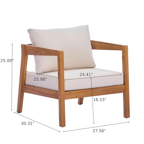 5 Piece Outdoor Acacia Wood Patio Furniture Set Lounge Chairs Coffee Table 3 Seater Sofa Deep Seating Conversation Set Teak Finish Beige Cushion