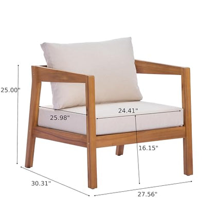 5 Piece Outdoor Acacia Wood Patio Furniture Set Lounge Chairs Coffee Table 3 Seater Sofa Deep Seating Conversation Set Teak Finish Beige Cushion
