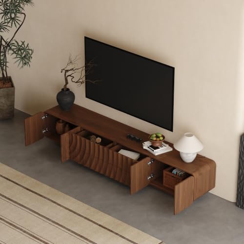 86" TV Console, Spiral Wave Design, 4 Drawers, Media Storage, Walnut, view 6
