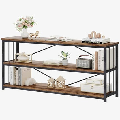 Horizontal Low Bookshelf, Extra Long Industrial Wood 3 Tier Bookcase, Wide Open Metal Large Book Shelf for Bedroom Living Room, Rustic Brown, 70 Inch