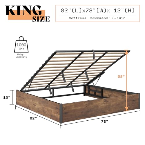 King Lift Up Storage Bed Frame, Rustic Brown, view 3
