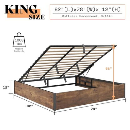 King Lift Up Storage Bed Frame, Rustic Brown, view 3