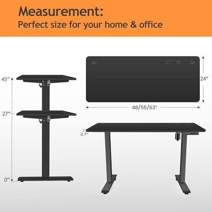 Electric Standing Desk, 55x24in Adjustable Height Computer Desk with Wheels, Sit-Stand Desk with Charging Station, 2 USB Ports, 3 Power Outlets, Spacious Workstation for Home Office(Black)