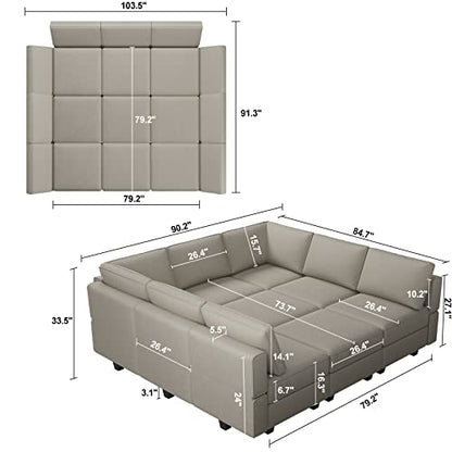 Modular Sectional Sofa with Ottomans Velvet Reversible Chaise Sleeper Bed Storage Seat Grey…, MD-S-1